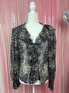 Topshop Black and Cream Ruffled Sheer Animal Print Blouse SZ 8